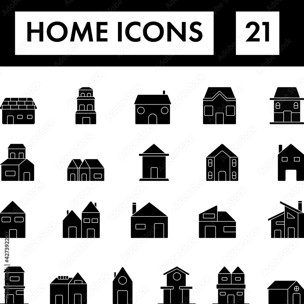 B&W Color Set of Home Icon In Flat Style.