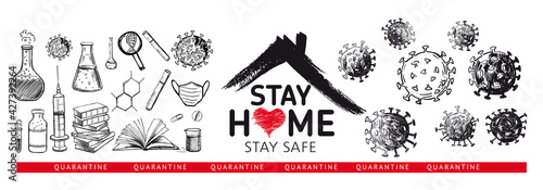 Quarantine. Pandemic coronavirus. Coronavirus, dna, blood test. Stay home stay safe doodle illustration. Laboratory research vector hand drawn icons set.