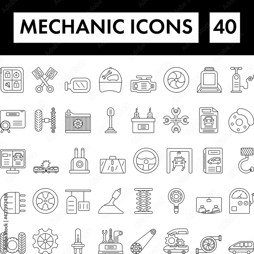 Black Line Art Set of Mechanic Icon In Flat Style.