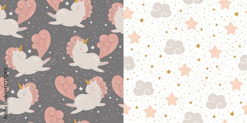 Unicorn and cloud seamless pattern set vector