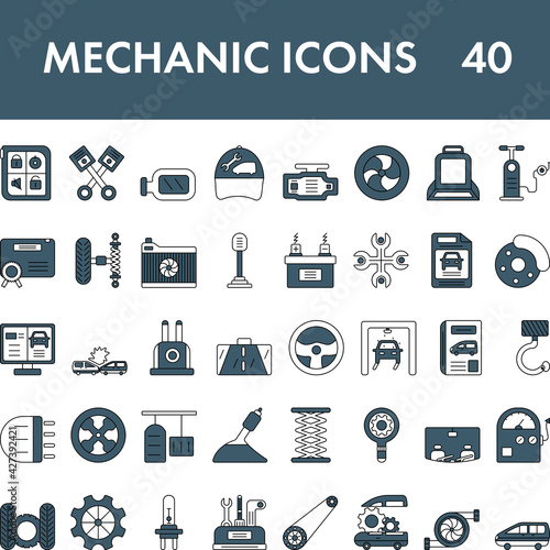 Blue And White Color Set of Mechanic Icon In Flat Style.