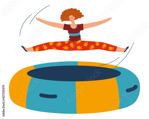 Girl jumping trampoline, happy sport, fun cute, cheerful child, isolated on white, design, flat style vector illustration.