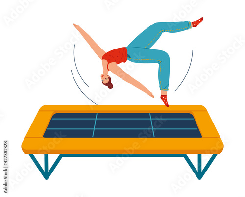 People jumping trampolines set of isolated vector illustration. Trampolining people and rebounders. Entertainment park.