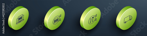 Set Isometric Online ordering burger delivery, , Cafe and restaurant location and Fast by car icon. Vector