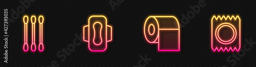 Set line Toilet paper roll, Cotton swab for ears, Sanitary napkin and Condom package safe sex. Glowing neon icon. Vector