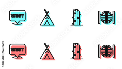 Set line Cactus, Pointer to wild west, Indian teepee or wigwam and Saloon door icon. Vector