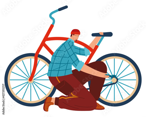 Bike repair, man hard work, maintaining conservation technique, isolated on white, design, flat style vector illustration.