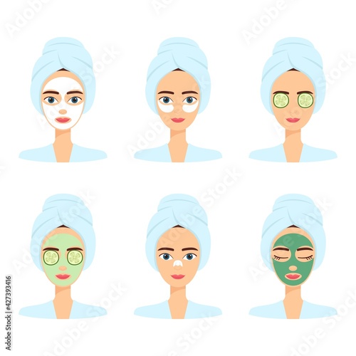Set of beautiful women with different face mask. Spa beauty treatment, vector illustration