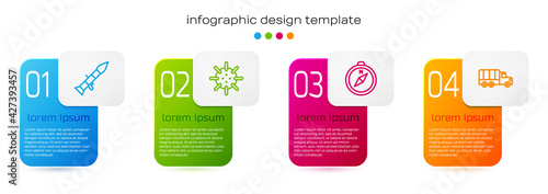Set line Rocket launcher, Naval mine, Compass and Military truck. Business infographic template. Vector