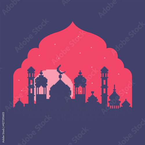 pixel art ramadan background with shadow mosque and beautiful sky full of stars
