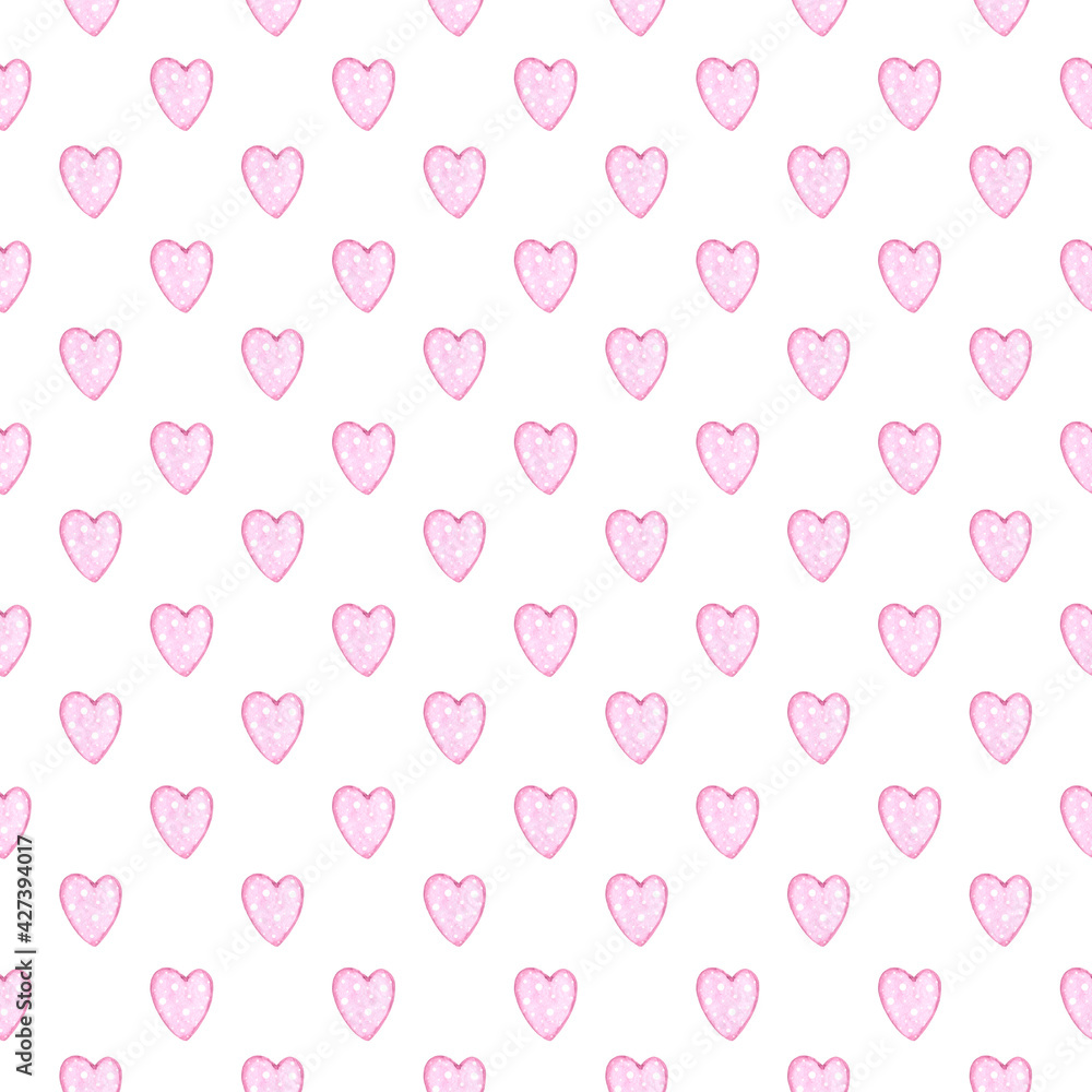 Watercolor seamless pattern.Watercolor hand painted seamless pattern of pink hearts for baby girl.
