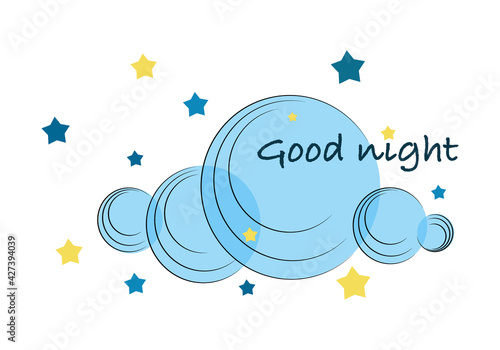 Good night. Calligraphy vector phrase. Modern calligraphy quote isolated on white background. Good night card with stars, cloud and font elements, calligraphy. Vector illustration. 
