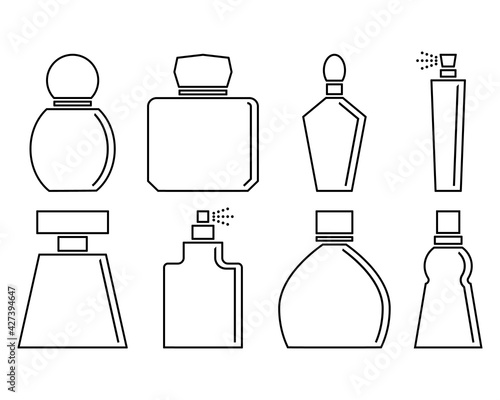 Perfume isolated icons set on white background with fragrance  spray and scense. Linear and outline perfume bottles. Vector illustration. Clipart and drawing. 