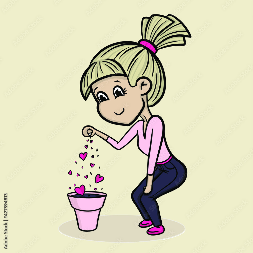 Vector illustration of the Valentine’s Day girl, who growing up the little hearts