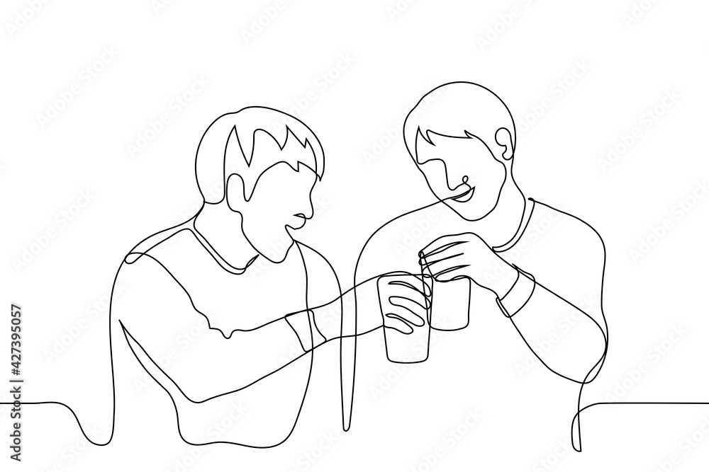 two friends clink glasses of beer and smile - one line drawing. meeting of friends, business partners celebrating success, colleagues drinking in a bar after work, two alcoholics enjoying alcohol