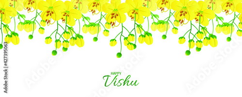 Illustration of Happy Vishu.  worship of krishna. cassia fistula flower.