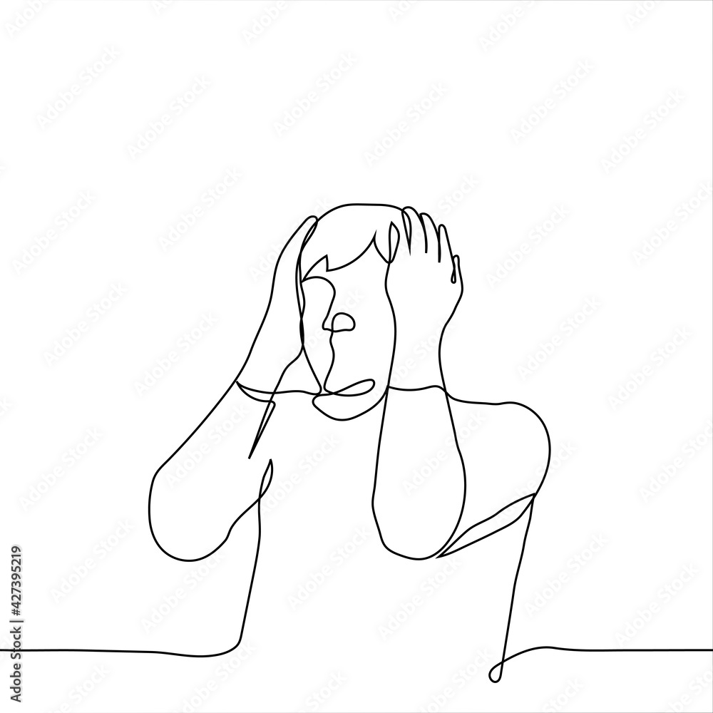man grabbed his head with both hands - one line drawing vector. the concept of fear, despair, horror, failure, indecision, inability to think, disorientation, man grabbed his head with both hands - one line drawing vector. the concept of fear, despair, horror, failure, indecision, inability to think, disorientation,