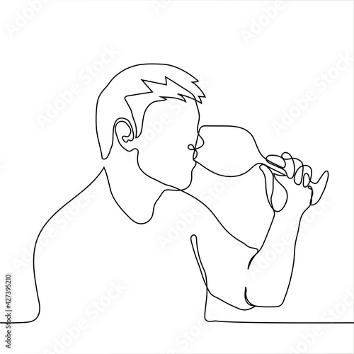 man drinking wine from a glass - one line drawing vector. profile of a man with a glass in his hands sipping a drink. sommelier, wine gourmet, alcoholic concept