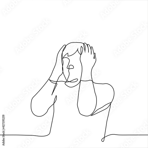 man grabbed his head with both hands - one line drawing vector. the concept of fear, despair, horror, failure, indecision, inability to think, disorientation,