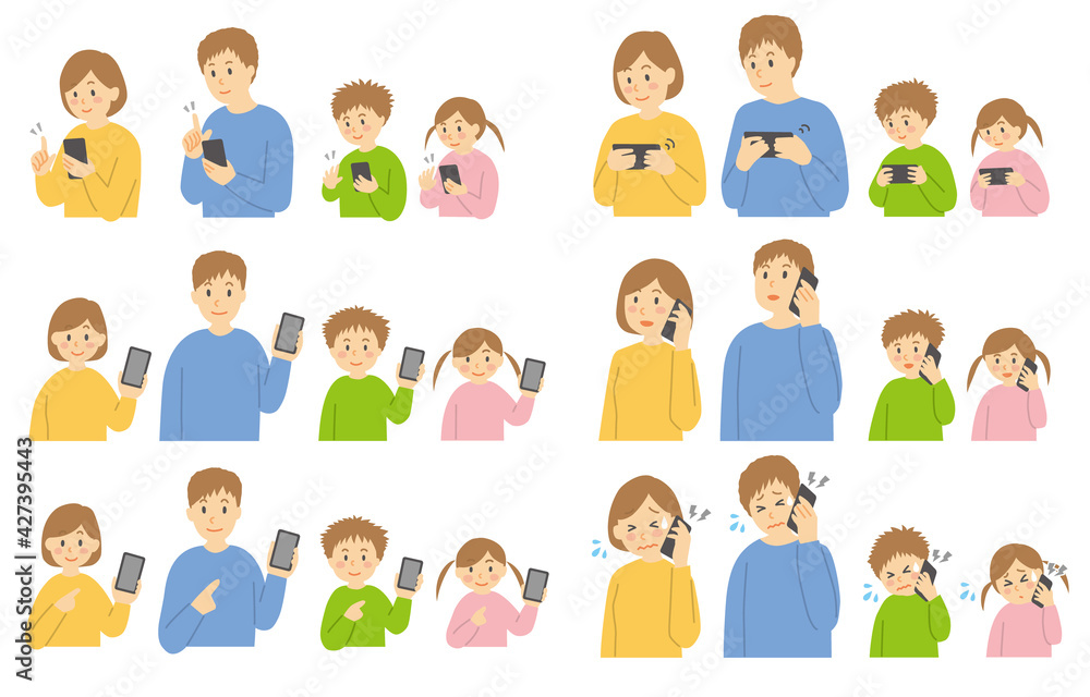父　母　子供　男の子　女の子　 スマートフォンを４人家族が使う　操作　使い方