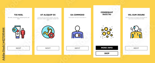 Chicken Pox Disease Onboarding Mobile App Page Screen Vector. Ill Research And Medicaments Vaccine, Cough And Rash Chicken Pox Symptoms And Treatment Illustrations