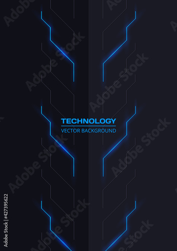 Dark abstract modern technology cover design. Futuristic abstract circuit board, high technology dark gray and blue cover or background. A4 format resolution vector illustration.