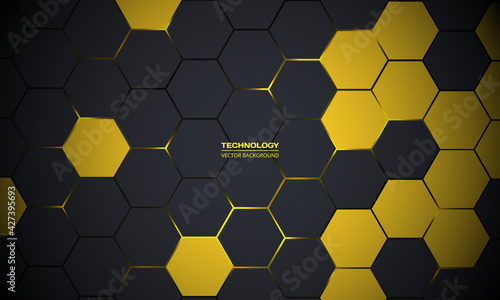 Dark gray hexagonal technology abstract vector background. Yellow bright energy flashes under hexagon in futuristic modern technology background vector illustration. Dark gray honeycomb texture grid.