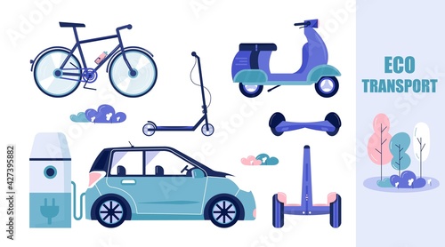 Eco city transportation in public park. Personal electric transport, green electro scooter, hoverboard, gyroscooter, bicycle, car and bike. Ecological vehicle, city life concept