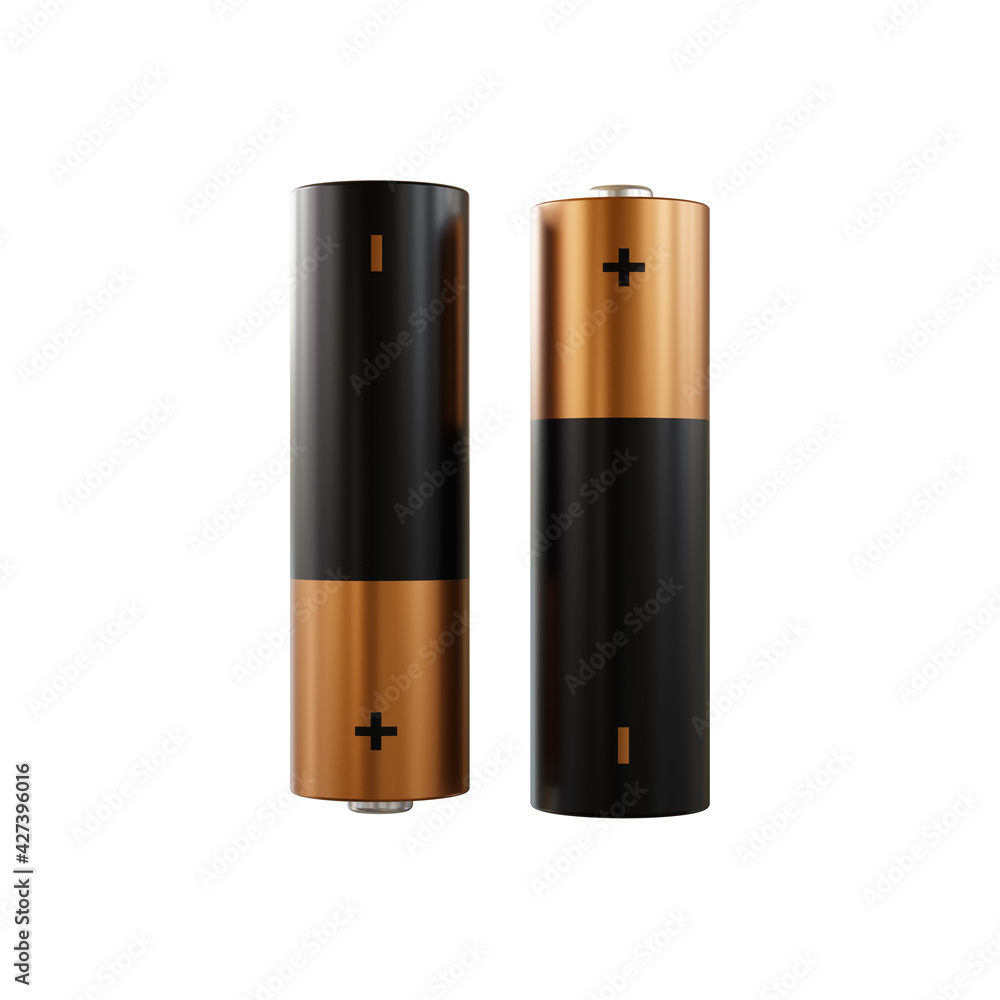Gold and black AA battery alkaline cadmium chemical isolated on white background. 3d illustration.