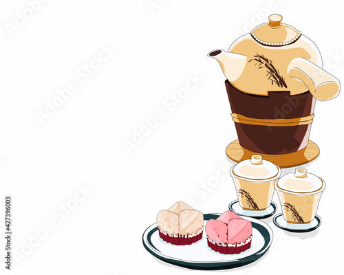 A Ceramic Teapot on the tea stove and a couple of ceramic tea cup with a dish of Fa Gao steamed cake. Isolated retro tea set on white background. Close up drawing vector illustration.