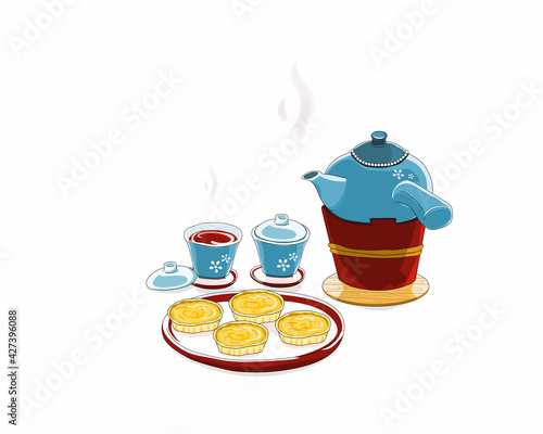 A Hot Ceramic Teapot on the tea stove and a couple of ceramic tea cup with lid opened and a dish of Egg Custard tarts. Isolated retro tea set on white background. Close up drawing vector illustration.