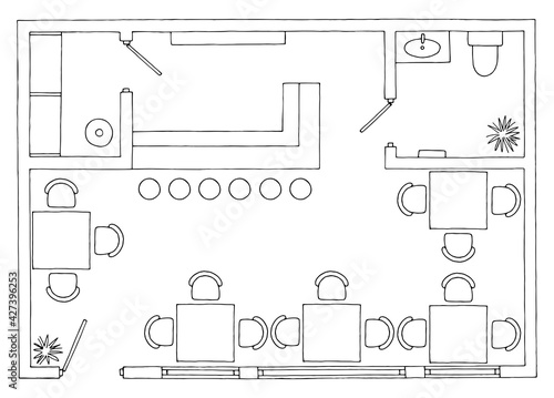 Cafe plan architecture floor interior furniture graphic black white sketch illustration vector