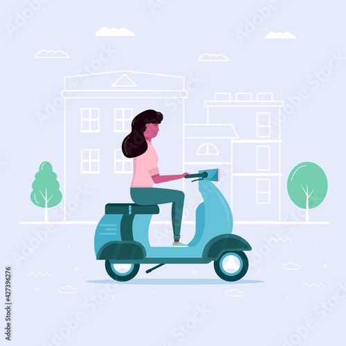 Young woman drive scooter in eco city, transportation in public park. Personal electric transport, green electro scooter, gyroscooter. Ecological vehicle, city life concept