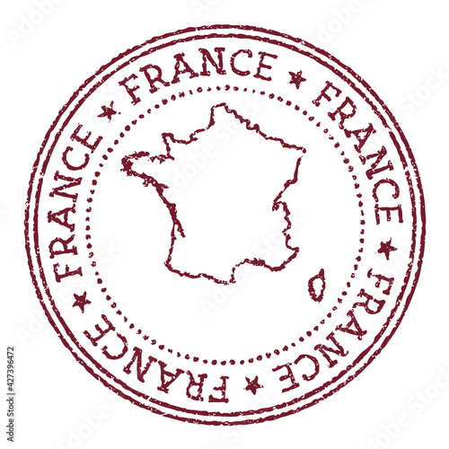 France round rubber stamp with country map. Vintage red passport stamp with circular text and stars, vector illustration.