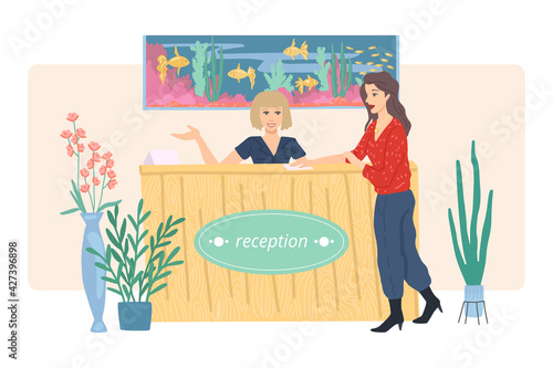 Woman is talking to the receptionist at the reception. Reception with an aquarium. Check in at a hotel, spa or hostel. Vector cartoon illustration