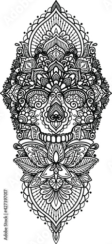 Mandala with skull and lotus in black lines