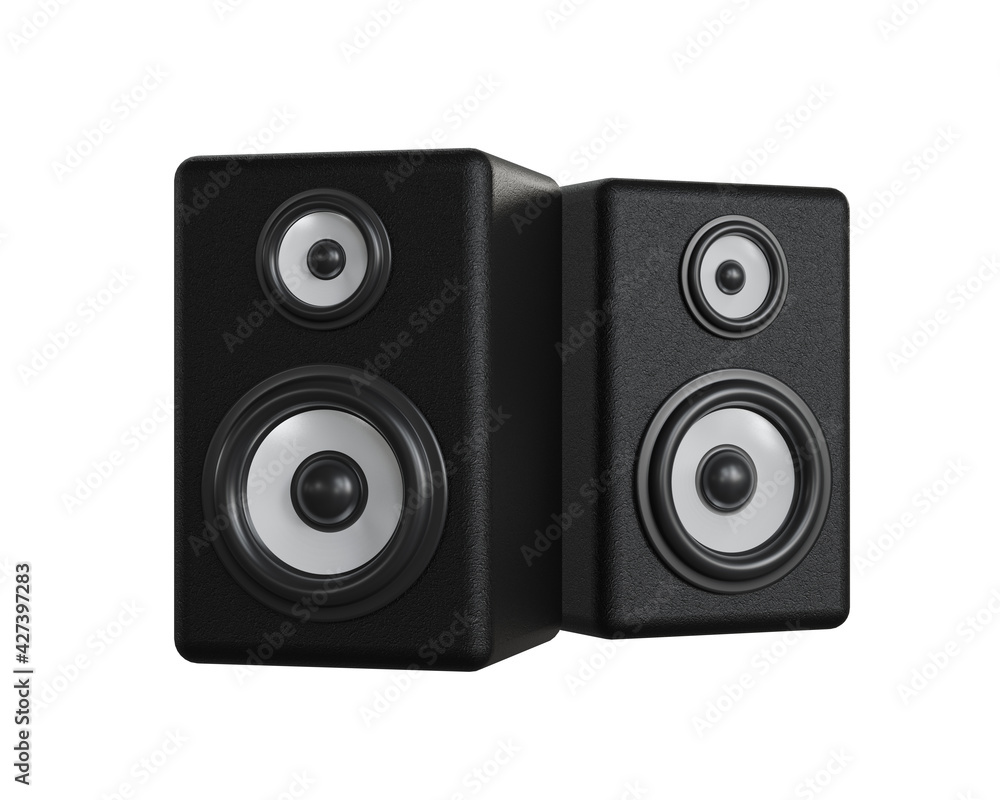 Two black speakers isolated on white background. 3d illustration. Two black speakers isolated on white background. 3d illustration.