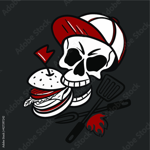 Skull eating the burger. Illustration for a grill pub