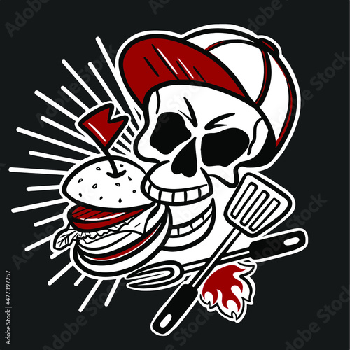 Vector skull chef with burger. Illustration for grill pub 