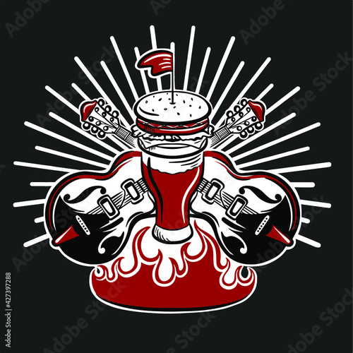 Vector illustration of guitars, beer, burger and fire for pop art pub or loft grill house or bar with retro music 