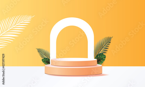 3d geometric podium mockup leaf tropical in summer season netural concept for showcase green background Abstract minimal scene product presentation