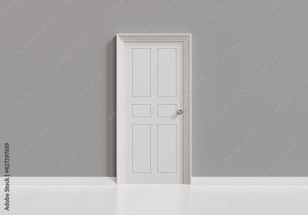 White closed door on gray wall background, 3d illustration. White closed door on gray wall background, 3d illustration.