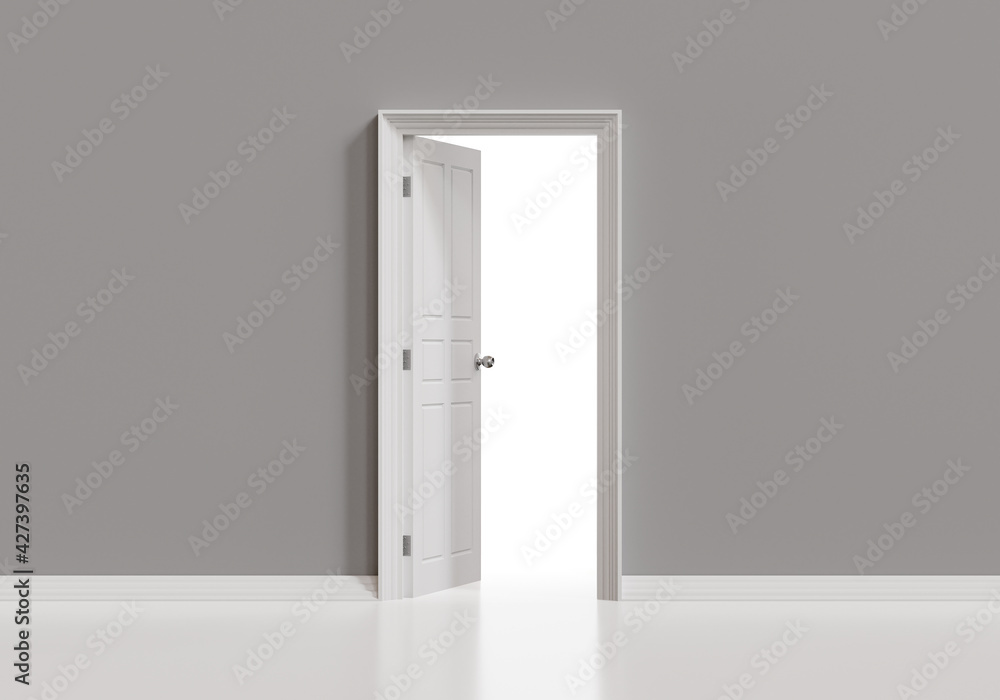 White open door on gray wall background, 3d illustration. White open door on gray wall background, 3d illustration.