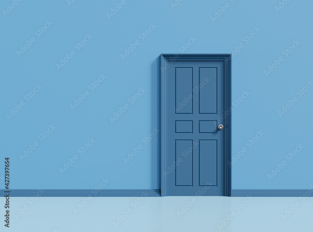 Blue closed door on blue wall background, 3d illustration. Blue closed door on blue wall background, 3d illustration.