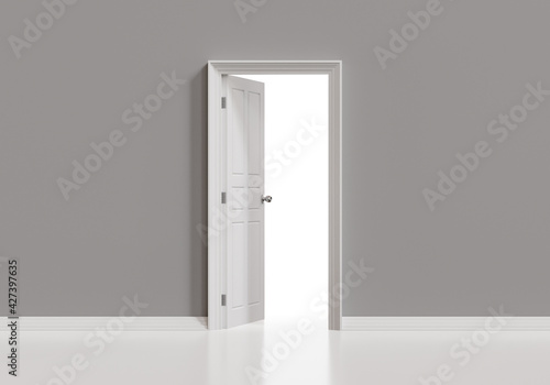 White open door on gray wall background, 3d illustration.