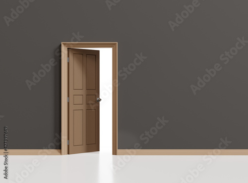 Brown open door on wall background, 3d illustration.
