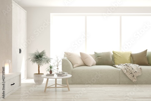 White living room with sofa. Scandinavian interior design. 3D illustration