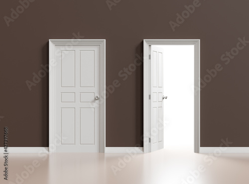 White open and closed doors on brown wall background, 3d illustration.