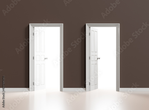 Two white open doors on brown wall background, 3d illustration. © tuiafalken