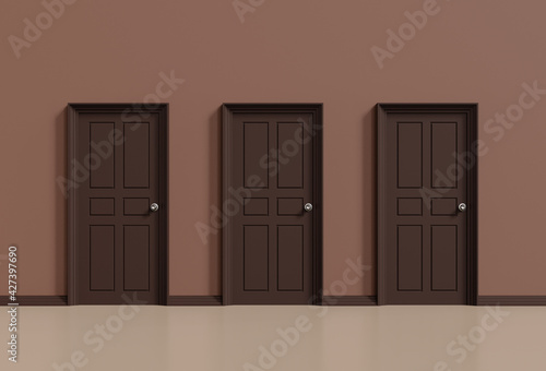 Three brown closed doors on wall background, 3d illustration.